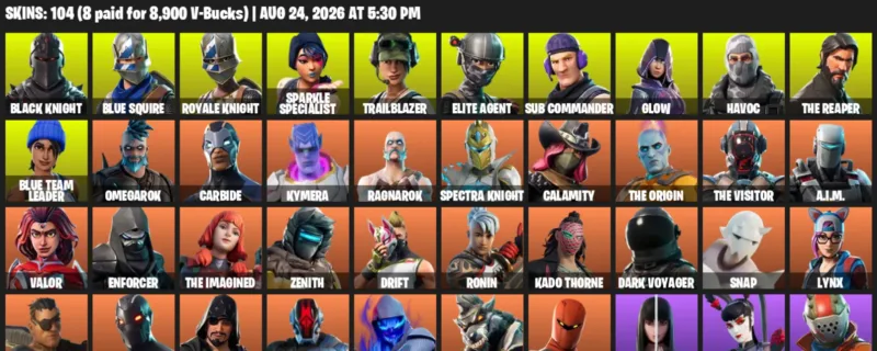 Fortnite account inventory for LVL 1604 - Black Knight - Blue Squire - 104 Outfits