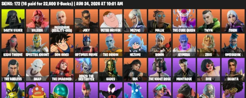 Fortnite account inventory for LVL 3016 - Darth Vader - Valeria - 172 Outfits