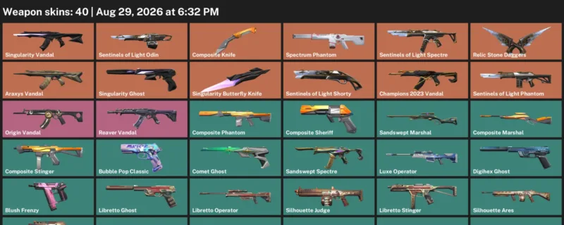 Valorant account inventory for LVL 143 · Araxys Vandal & 40 Skins Composite Knife