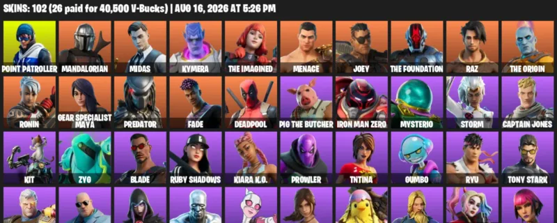 Fortnite account inventory for LVL 1006 - Point Patroller - Mandalorian - 102 Outfits