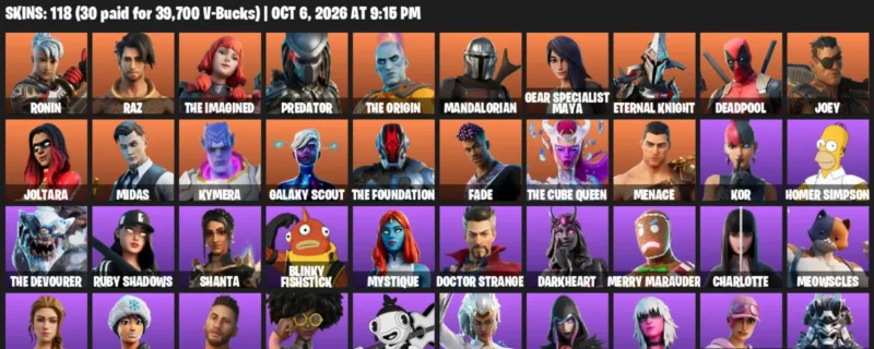 Fortnite account inventory for Ronin - Raz - 118 Outfits