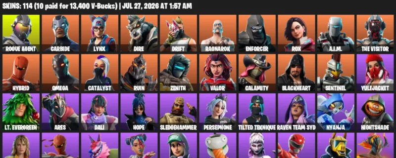 Fortnite Accounts listing: LVL 433 - Rogue Agent - Carbide - 114 Outfits - 114 outfits