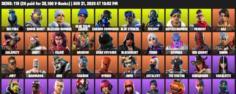 Fortnite account inventory for LVL 2205 - Sultura - Rogue Agent - 115 Outfits