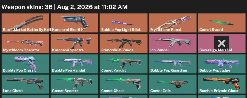 Valorant account inventory for LVL 85 · Bubble Pop Vandal & 36 Skins Black.Market Butterfly Knife