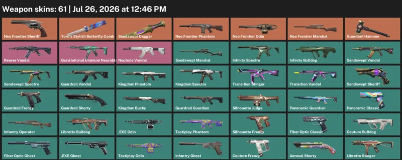 Valorant Accounts listing: LVL 46 · Sandswept Dagger & Yoru's Stylish Butterfly Comb · 61 Skins - Gold 1, 61 skins