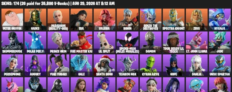 Fortnite account inventory for LVL 713 - Peter Griffin - Hades - 174 Outfits