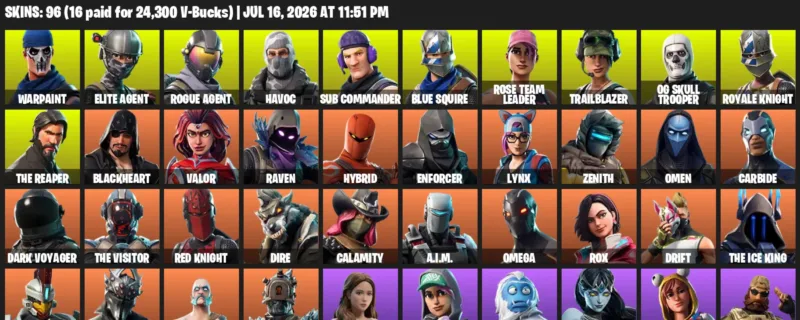 Fortnite Accounts listing: LVL 719 - Warpaint - Elite Agent - 96 Outfits - 96 outfits