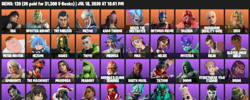 Fortnite Accounts listing: LVL 2964 - Era - Spectra Knight - 139 Outfits - 139 outfits