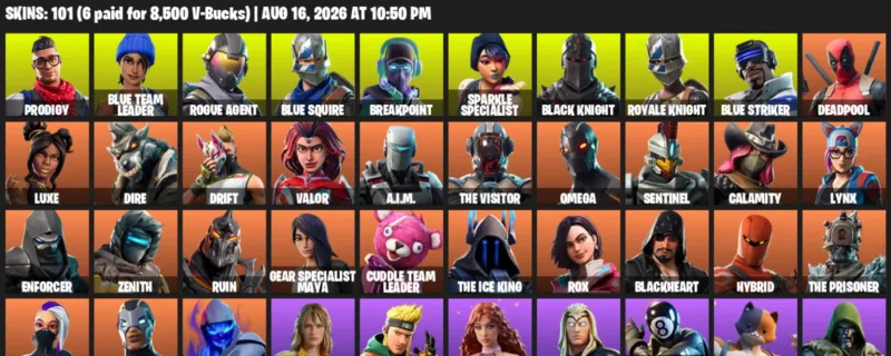 Fortnite account inventory for LVL 1373 - Prodigy - Blue Team Leader - 101 Outfits