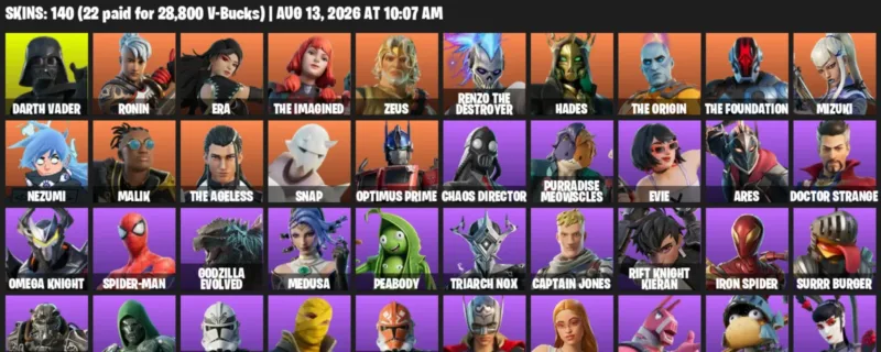 Fortnite account inventory for LVL 2067 - Darth Vader - Ronin - 140 Outfits