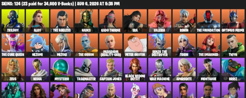 Fortnite account inventory for LVL 1892 - Trilogy - Aloy - 124 Outfits