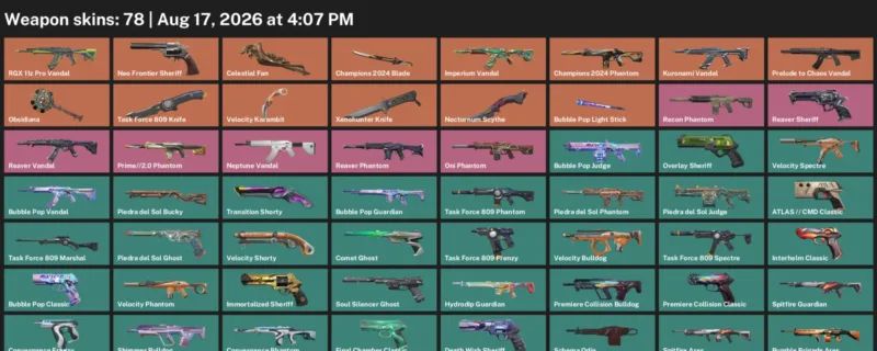 Valorant account inventory for LVL 260 · Celestial Fan & Champions 2024 Blade & Xenohunter Knife