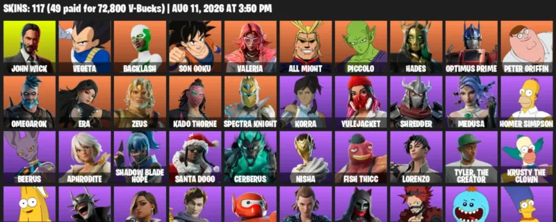 Fortnite account inventory for LVL 1134 - John Wick - Vegeta - 117 Outfits