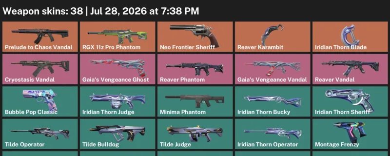 Valorant Accounts listing: LVL 174 · Iridian Thorn Blade & Reaver Karambit · 38 Skins - Diamond 1, 38 skins