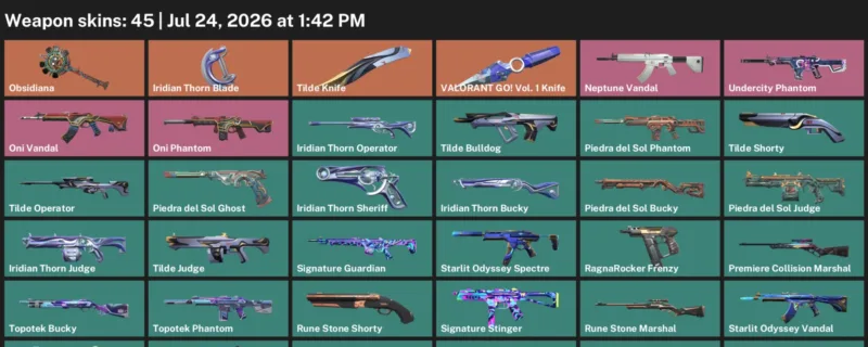 Valorant Accounts listing: LVL 100 · Iridian Thorn Blade & Tilde Knife · 45 Skins - Gold 1, 45 skins