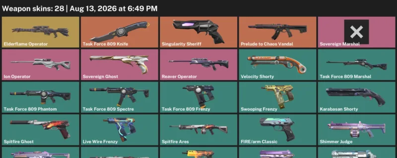 Valorant account inventory for LVL 168 · Elderflame Operator & Ion Operator