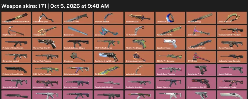 Valorant account inventory for LVL 157 · Champions 2022 Butterfly Knife & Reaver Karambit