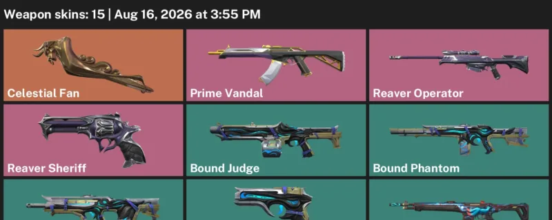 Valorant account inventory for LVL 56 · Celestial Fan & Bound Phantom