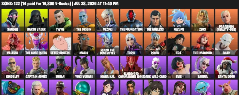 Fortnite Accounts listing: LVL 2406 - Xander - Darth Vader - 122 Outfits - 122 outfits