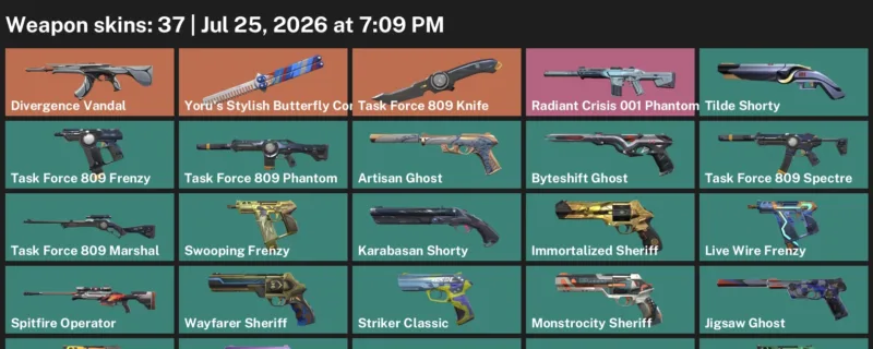 Valorant Accounts listing: LVL 289 · Task Force 809 Knife & Yoru's Stylish Butterfly Comb · 37 Skins - Platinum 3, 37 skins