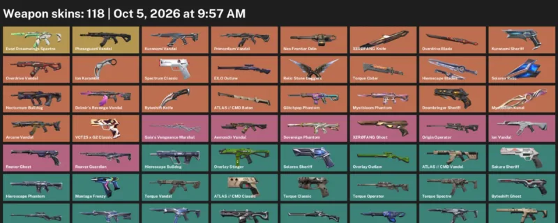 Valorant account inventory for LVL 156 · Byteshift Knife & Ion Karambit & Overdrive Blade