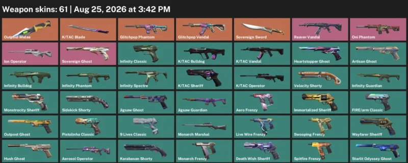 Valorant account inventory for LVL 320 · Tac Blade & Aerosol Operator