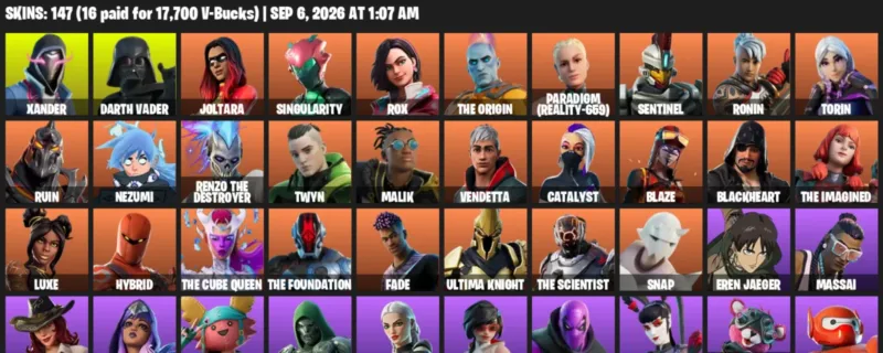 Fortnite account inventory for LVL 3616 - Xander - Darth Vader - 147 Outfits