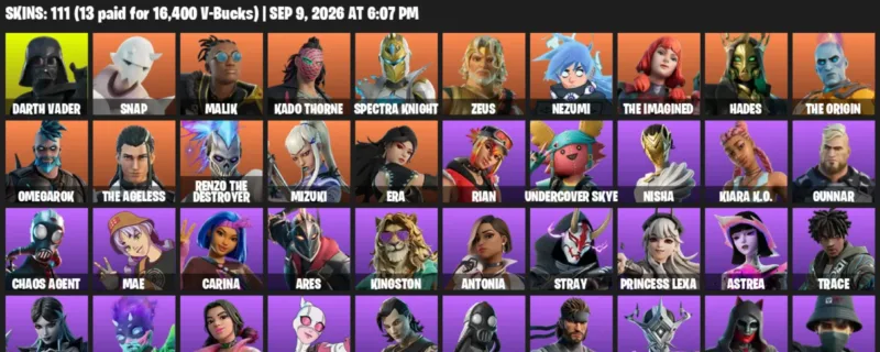 Fortnite account inventory for LVL 1580 - Darth Vader - Snap - 111 Outfits