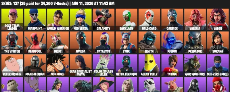 Fortnite account inventory for LVL 2220 - Rose Team Leader - Warpaint - 137 Outfits