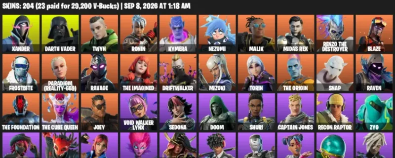 Fortnite account inventory for LVL 2232 - Xander - Darth Vader - 204 Outfits