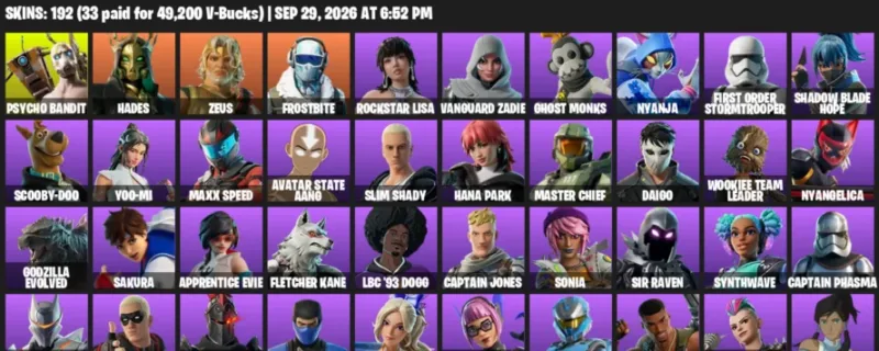 Fortnite account inventory for Psycho Bandit - Hades - 120 Outfits