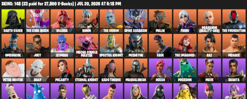 Fortnite Accounts listing: LVL 3062 - Darth Vader - The Cube Queen - 148 Outfits - 148 outfits