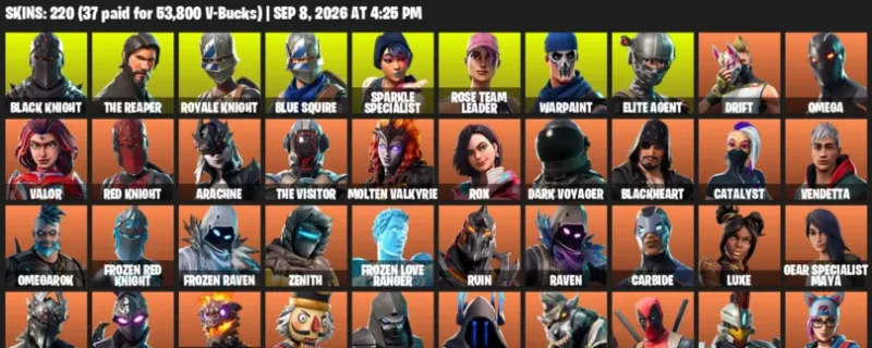 Fortnite account inventory for LVL 1485 - Black Knight - The Reaper - 220 Outfits