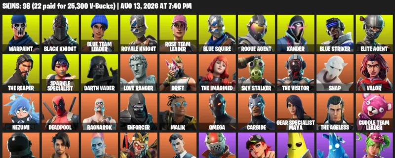 Fortnite account inventory for LVL 1405 - Warpaint - Black Knight - 98 Outfits
