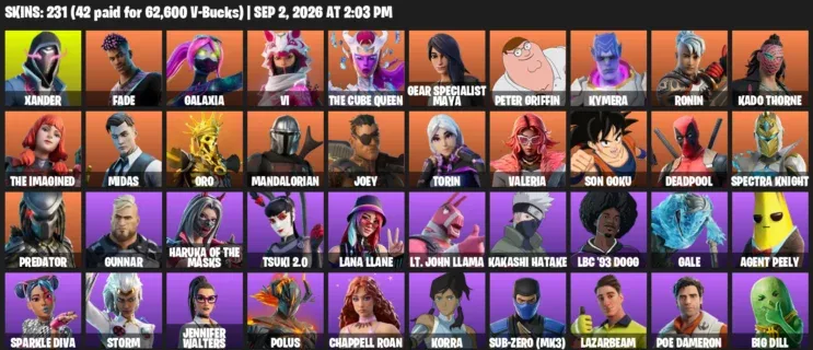 Fortnite account inventory for LVL 2285 - Xander - Fade - 231 Outfits