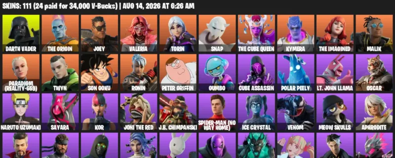 Fortnite account inventory for LVL 1501 - Darth Vader - The Origin - 111 Outfits