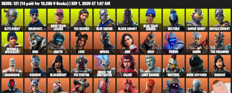 Fortnite account inventory for LVL 1456 - Elite Agent - Warpaint - 121 Outfits