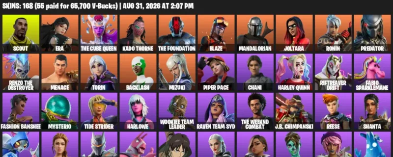 Fortnite account inventory for LVL 2752 - Scout - Era - 168 Outfits