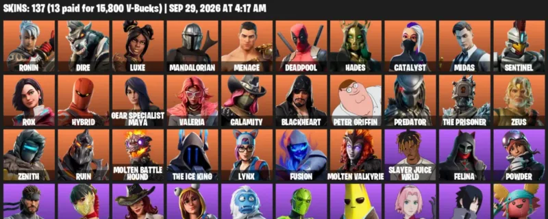 Fortnite account inventory for Ronin - Dire - 120 Outfits