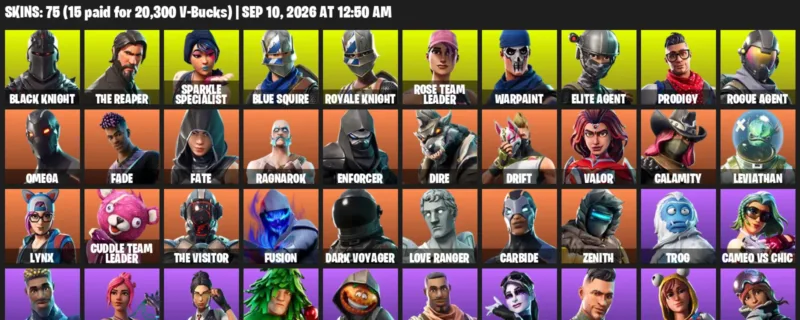 Fortnite account inventory for LVL 878 - Black Knight - The Reaper - 75 Outfits
