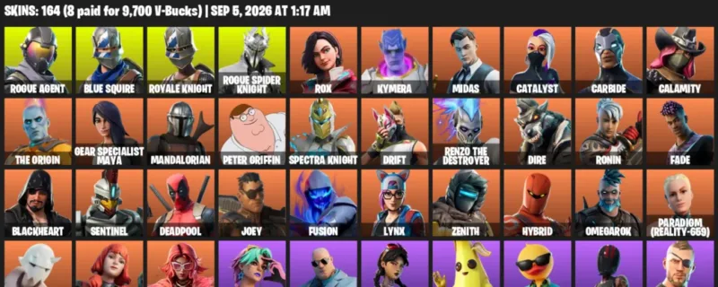 Fortnite account inventory for LVL 1833 - Rogue Agent - Blue Squire - 164 Outfits