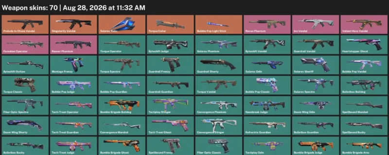 Valorant account inventory for LVL 120 · Bubble Pop Vandal & Bulletbox Bucky
