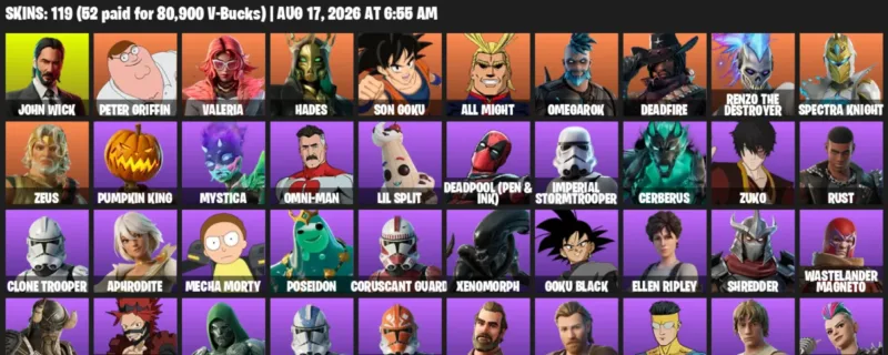 Fortnite account inventory for LVL 870 - John Wick - Peter Griffin - 119 Outfits