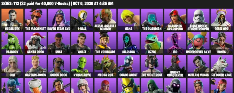 Fortnite account inventory for Midas Rex - The Machinist - 112 Outfits