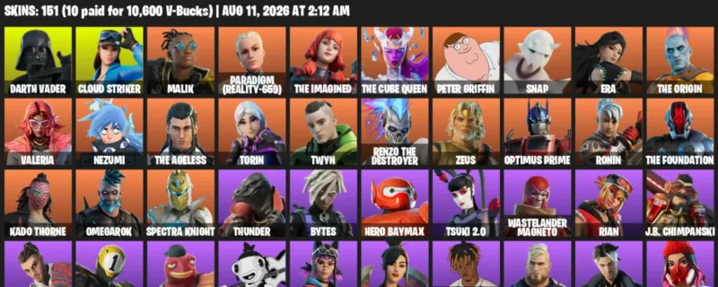 Fortnite account inventory for LVL 2136 - Darth Vader - Cloud Striker - 151 Outfits
