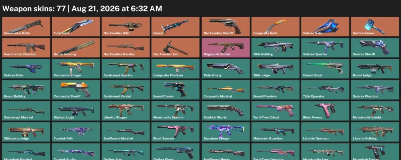 Valorant account inventory for LVL 162 · Xenohunter Knife & Tilde Knife
