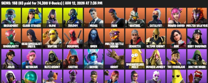 Fortnite account inventory for LVL 2926 - Breakpoint - Cloud Striker - 158 Outfits