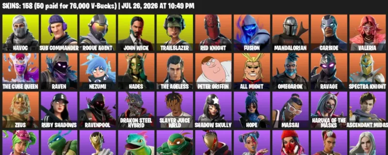 Fortnite Accounts listing: LVL 1538 - Havoc - Sub Commander - 158 Outfits - 158 outfits
