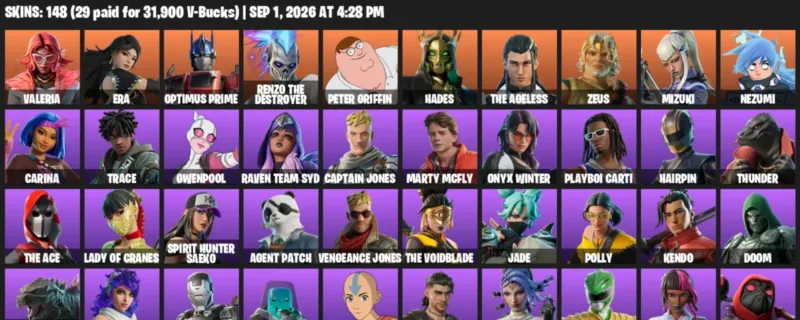 Fortnite account inventory for LVL 4011 - Valeria - Era - 148 Outfits