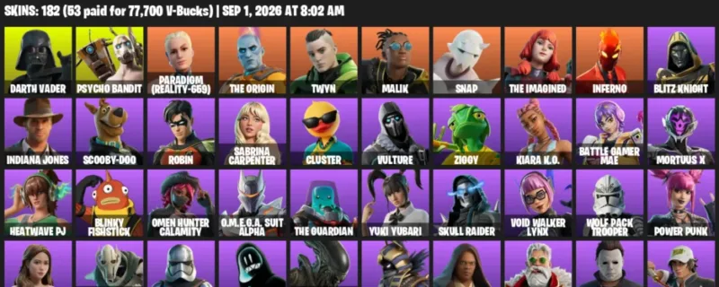 Fortnite account inventory for LVL 1569 - Darth Vader - Psycho Bandit - 182 Outfits